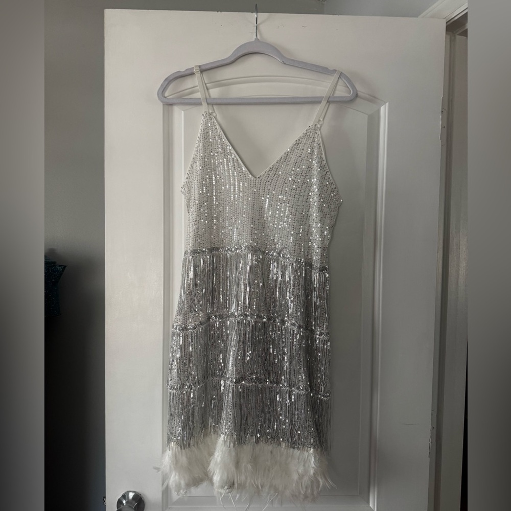 White and Silver Sequin Fringe Dress
